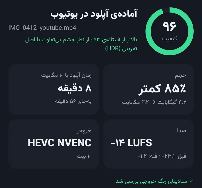 تصویر نمونه: کارت نتیجه با نمره‌ی کیفیت سنجیده‌شده و مقدار کاهش حجم